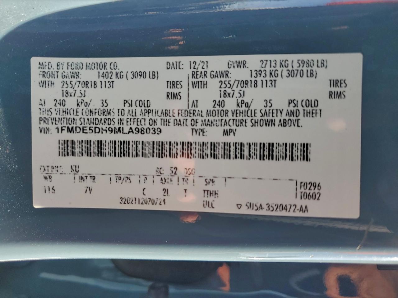 2021 Ford Bronco Base VIN: 1FMDE5DH9MLA98039 Lot: 91926575