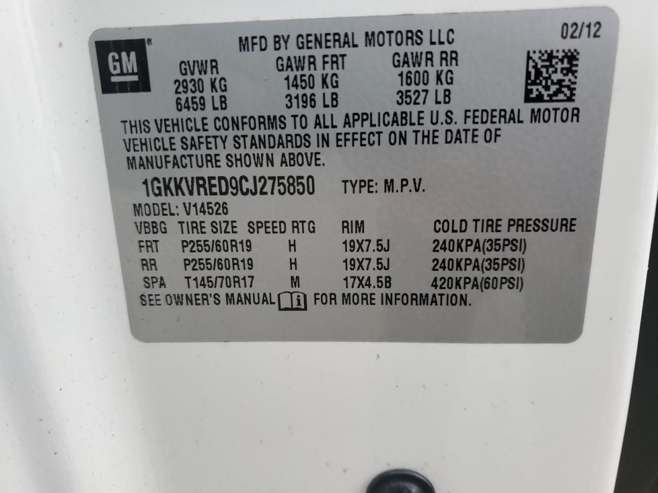 2012 GMC Acadia Slt-1 VIN: 1GKKVRED9CJ275850 Lot: 91879255