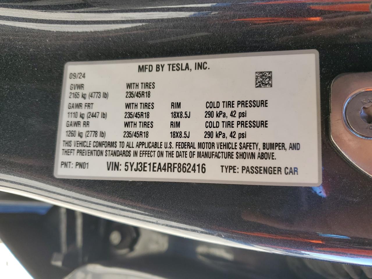 2024 Tesla Model 3 VIN: 5YJ3E1EA4RF862416 Lot: 92809195