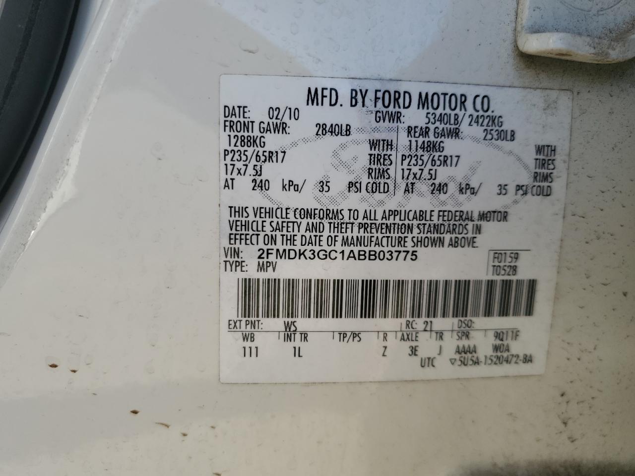 2010 Ford Edge Se VIN: 2FMDK3GC1ABB03775 Lot: 92872445