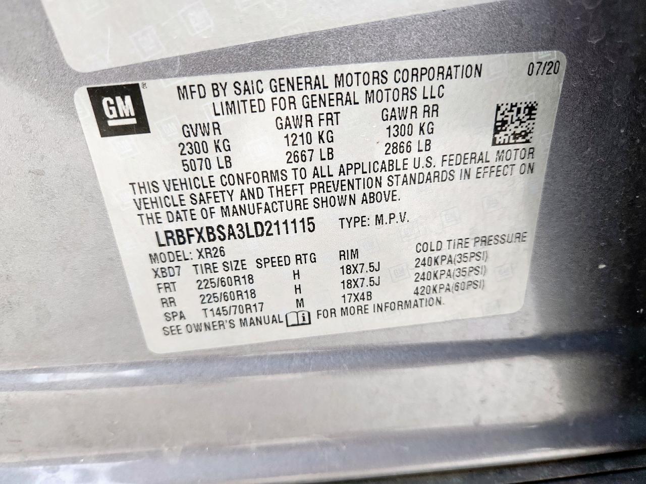 2020 Buick Envision Preferred VIN: LRBFXBSA3LD211115 Lot: 93741395