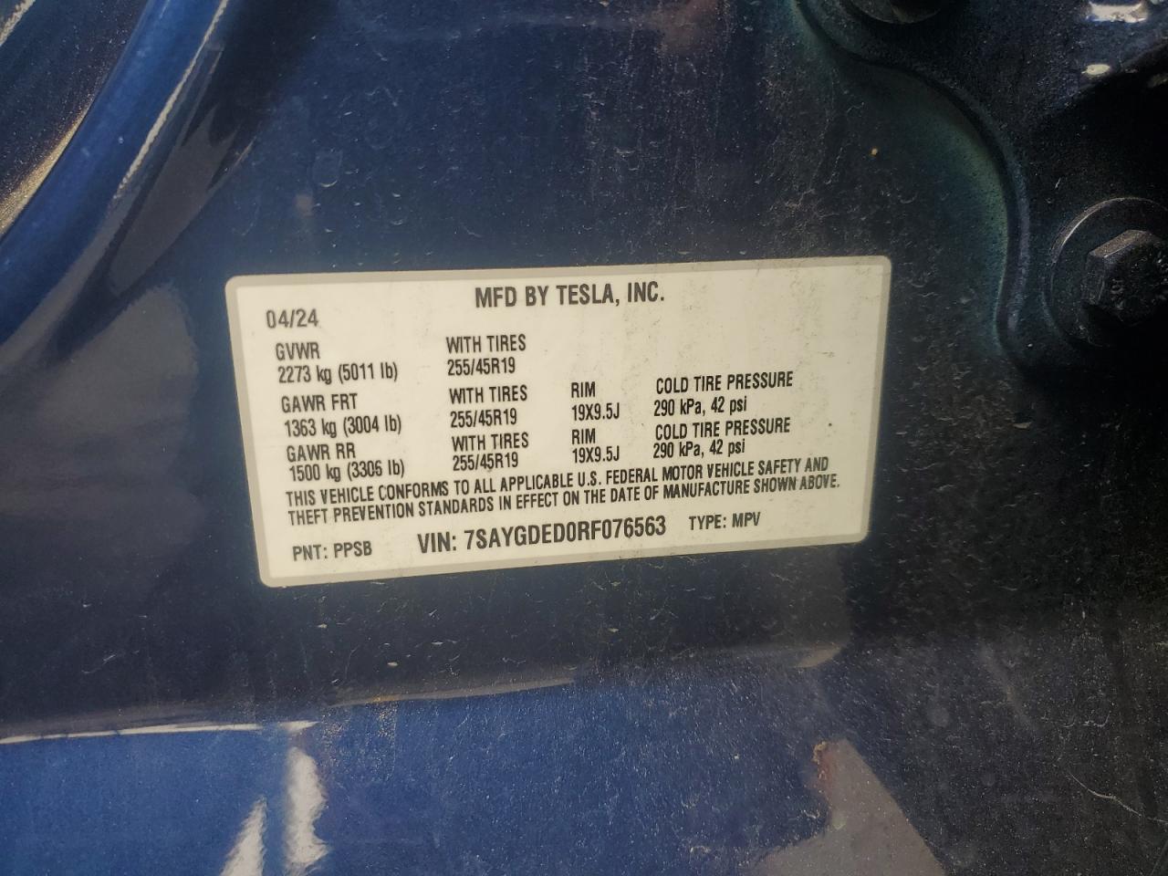 2024 Tesla Model Y VIN: 7SAYGDED0RF076563 Lot: 91696905