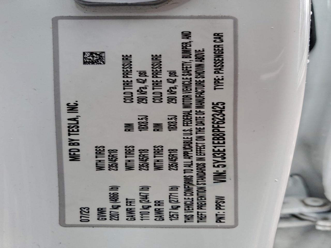 2023 Tesla Model 3 VIN: 5YJ3E1EB8PF623425 Lot: 94773575