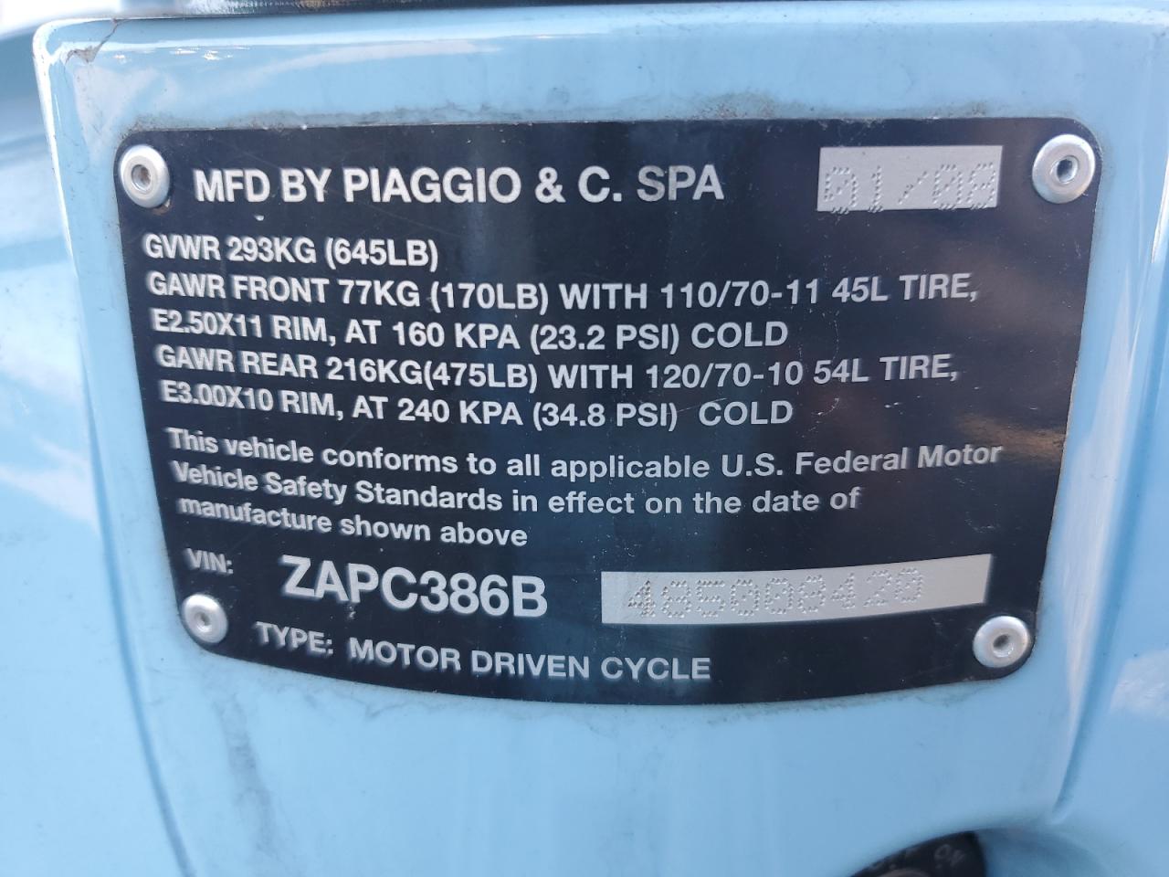 2008 Vespa Lx 50 VIN: ZAPC386B485008420 Lot: 92264815