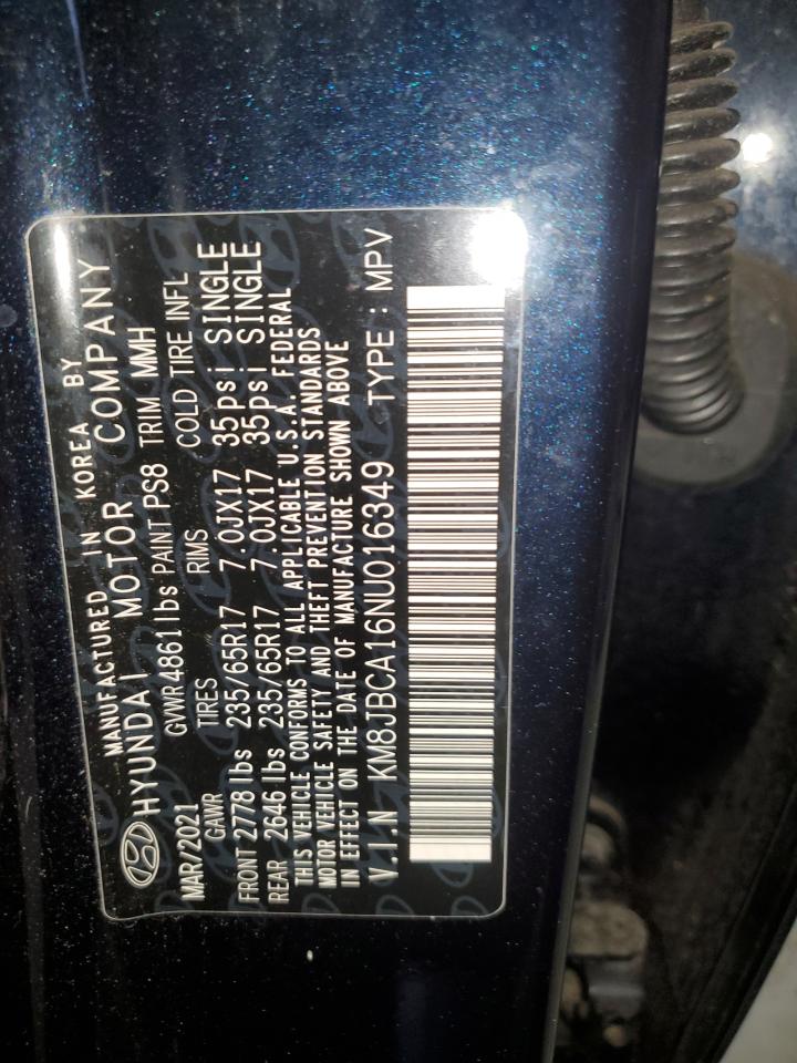 2022 Hyundai Tucson Blue VIN: KM8JBCA16NU016349 Lot: 92001035