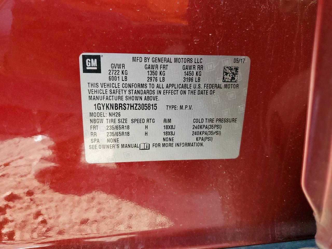 2017 Cadillac Xt5 Luxury VIN: 1GYKNBRS7HZ305815 Lot: 93139265