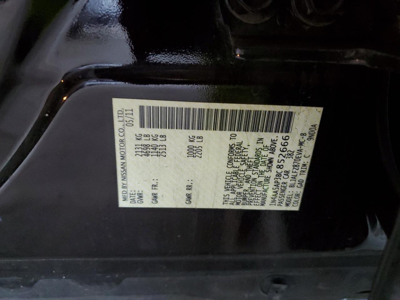 2011 Nissan Maxima S VIN: 1N4AA5AP3BC852666 Lot: 93860325