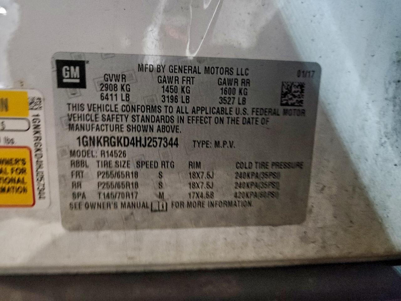 2017 Chevrolet Traverse Lt VIN: 1GNKRGKD4HJ257344 Lot: 94261415