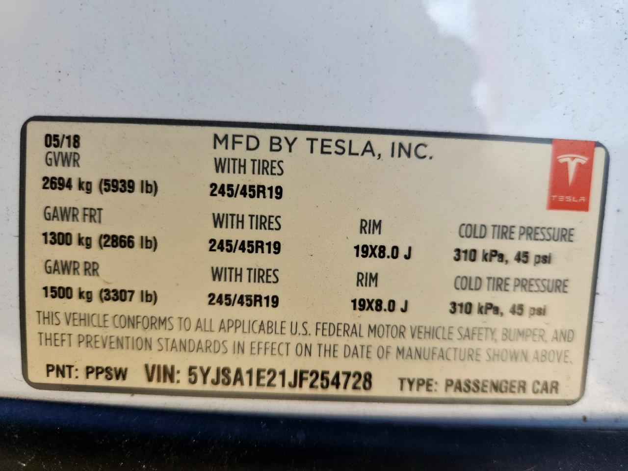 2018 Tesla Model S VIN: 5YJSA1E21JF254728 Lot: 92535405