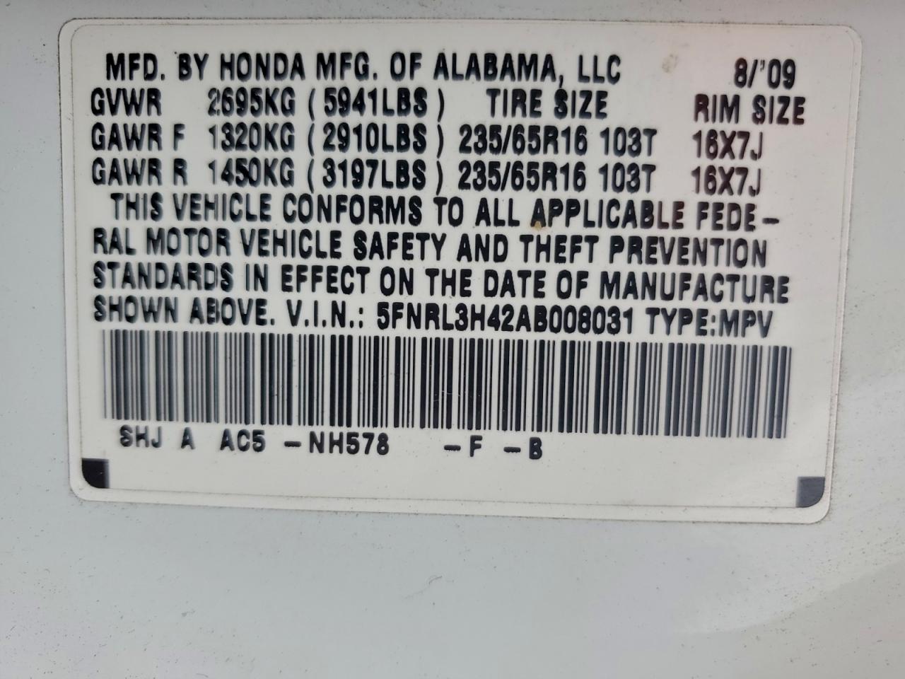 2010 Honda Odyssey Ex VIN: 5FNRL3H42AB008031 Lot: 93903015