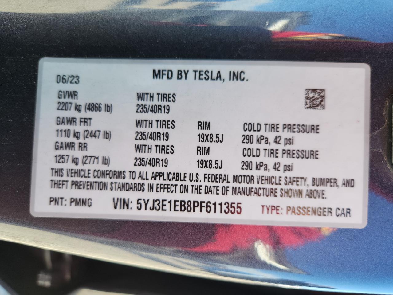 2023 Tesla Model 3 VIN: 5YJ3E1EB8PF611355 Lot: 91036435