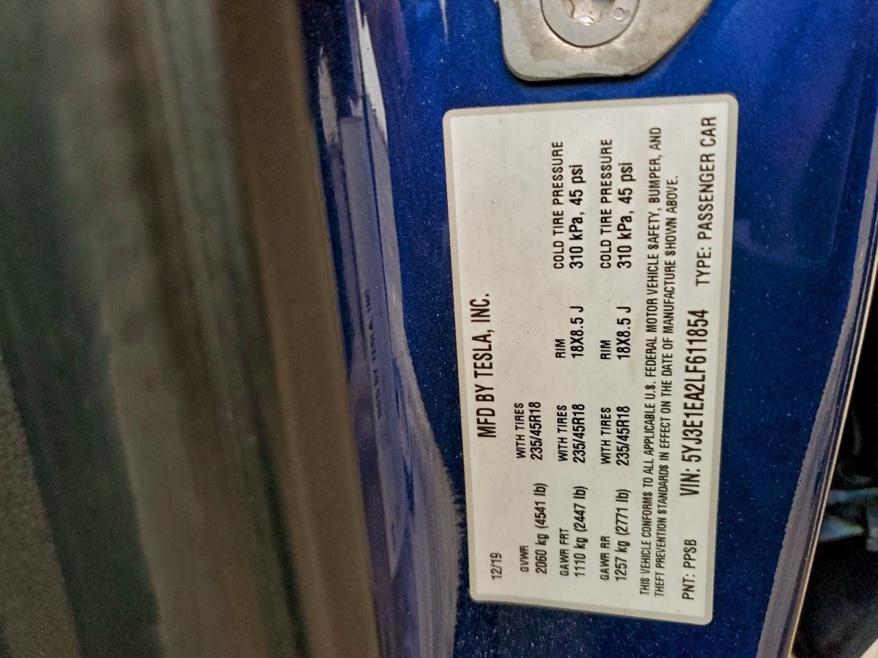 2020 Tesla Model 3 VIN: 5YJ3E1EA2LF611854 Lot: 93960305