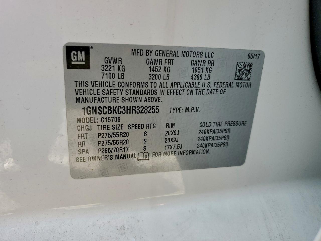 2017 Chevrolet Tahoe C1500 Lt VIN: 1GNSCBKC3HR328255 Lot: 93781845