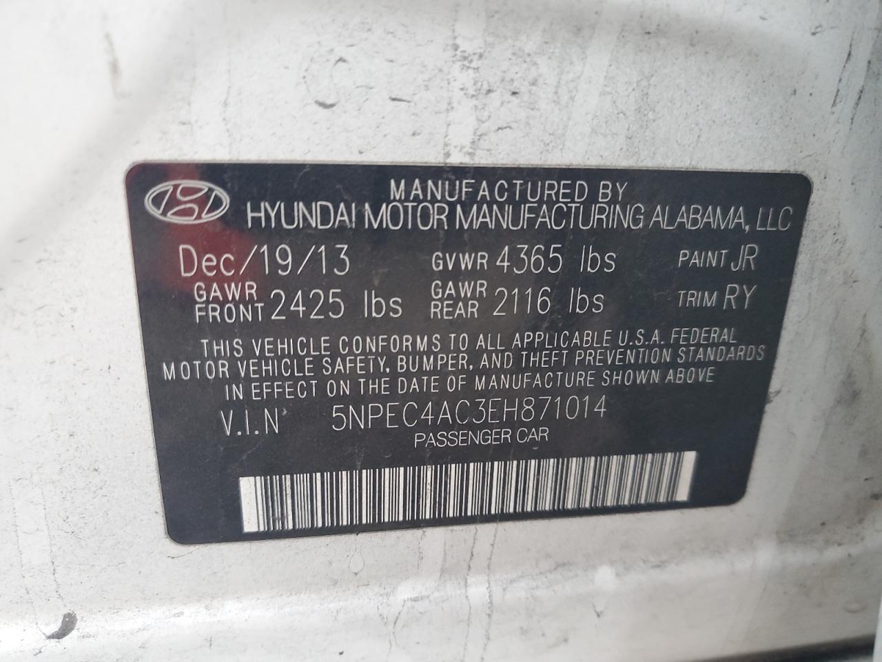 2014 Hyundai Sonata Se VIN: 5NPEC4AC3EH871014 Lot: 94033655