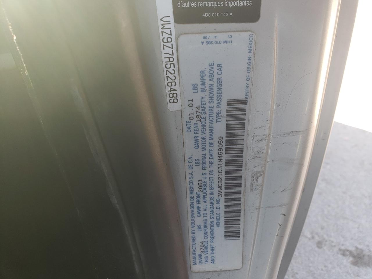 2001 Volkswagen New Beetle Gls VIN: 3VWCB21C31M459059 Lot: 90943645