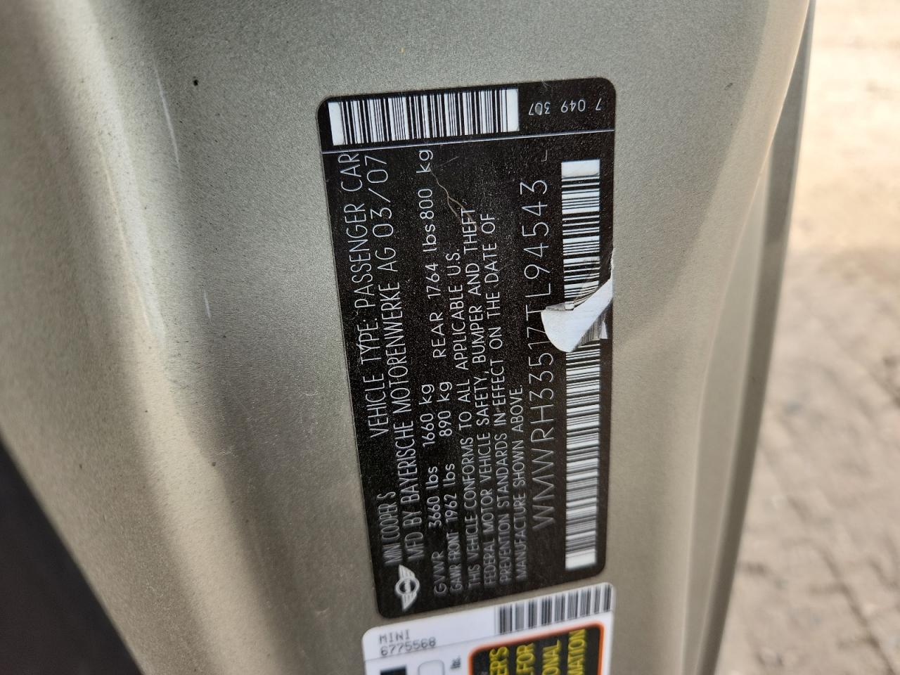 2007 Mini Cooper S VIN: WMWRH33517TL94543 Lot: 91782165