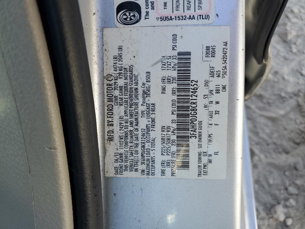 2012 Ford Fusion Sel VIN: 3FAHP0JG8CR124652 Lot: 92018285