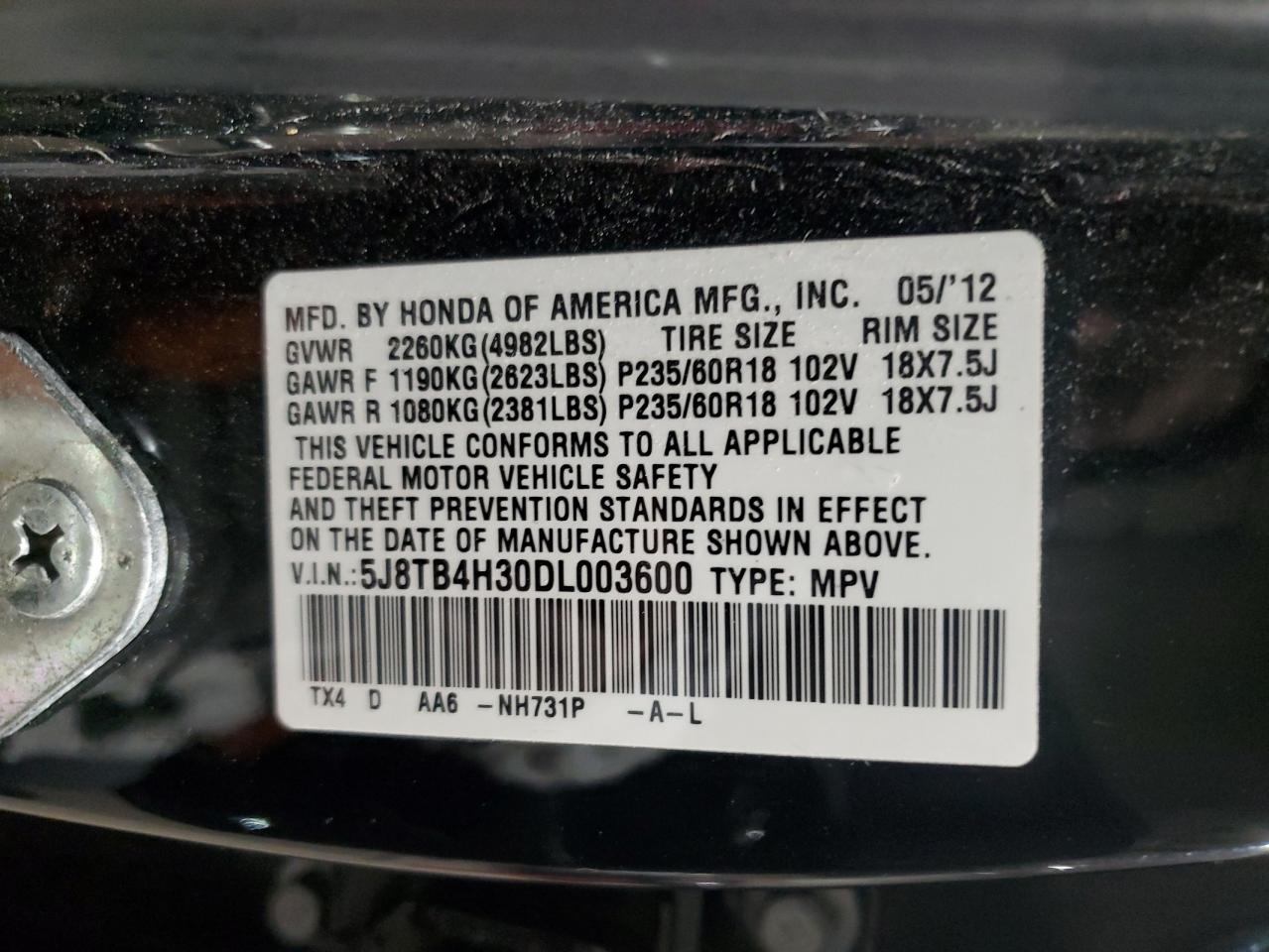 2013 Acura Rdx VIN: 5J8TB4H30DL003600 Lot: 92487015