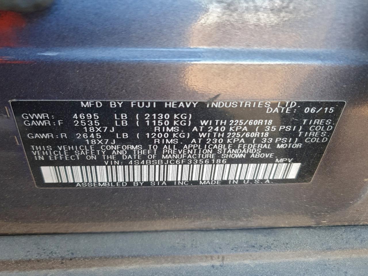 2015 Subaru Outback 2.5I Limited VIN: 4S4BSBJC6F3356186 Lot: 93096195