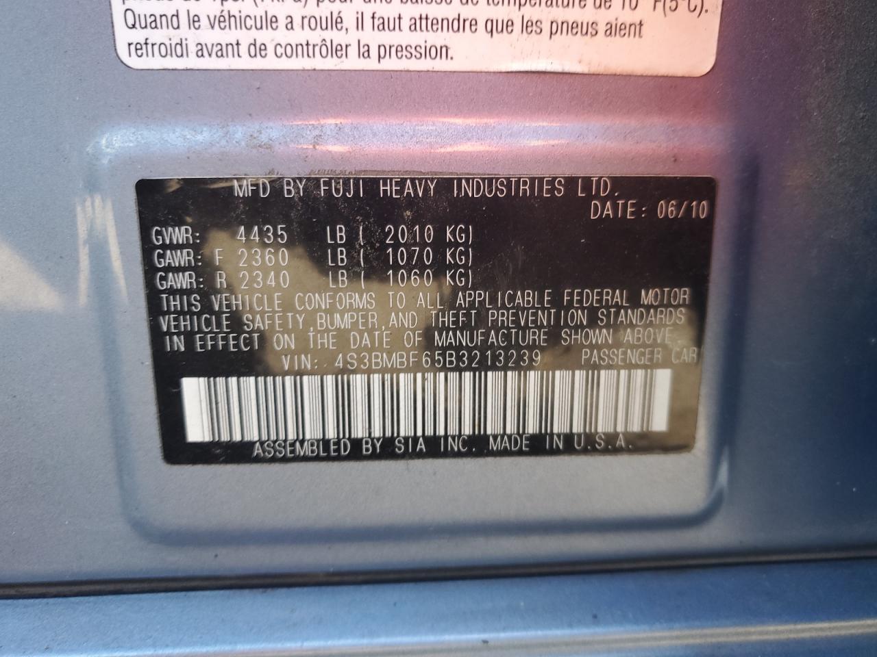 2011 Subaru Legacy 2.5I Premium VIN: 4S3BMBF65B3213239 Lot: 92174415