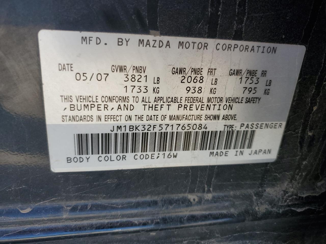 2007 Mazda 3 I VIN: JM1BK32F571765084 Lot: 91480365