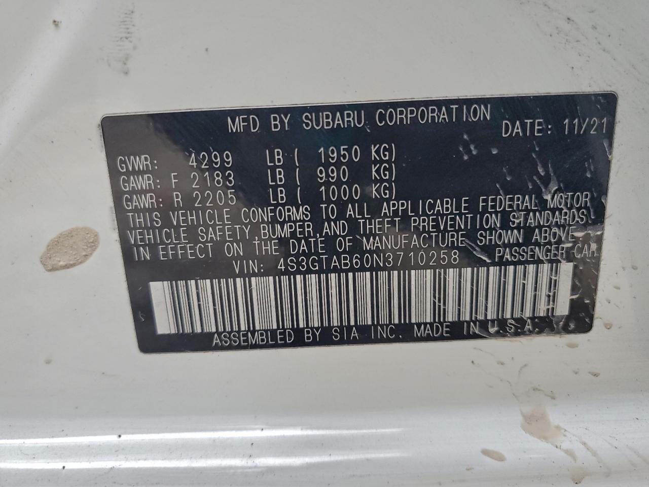 2022 Subaru Impreza VIN: 4S3GTAB60N3710258 Lot: 94480465