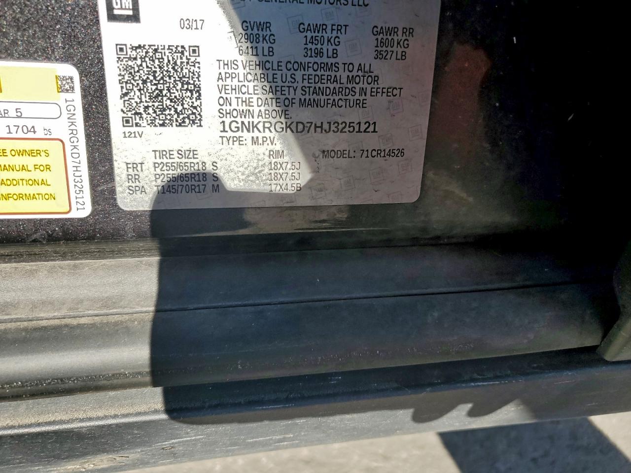 2017 Chevrolet Traverse Lt VIN: 1GNKRGKD7HJ325121 Lot: 94664645