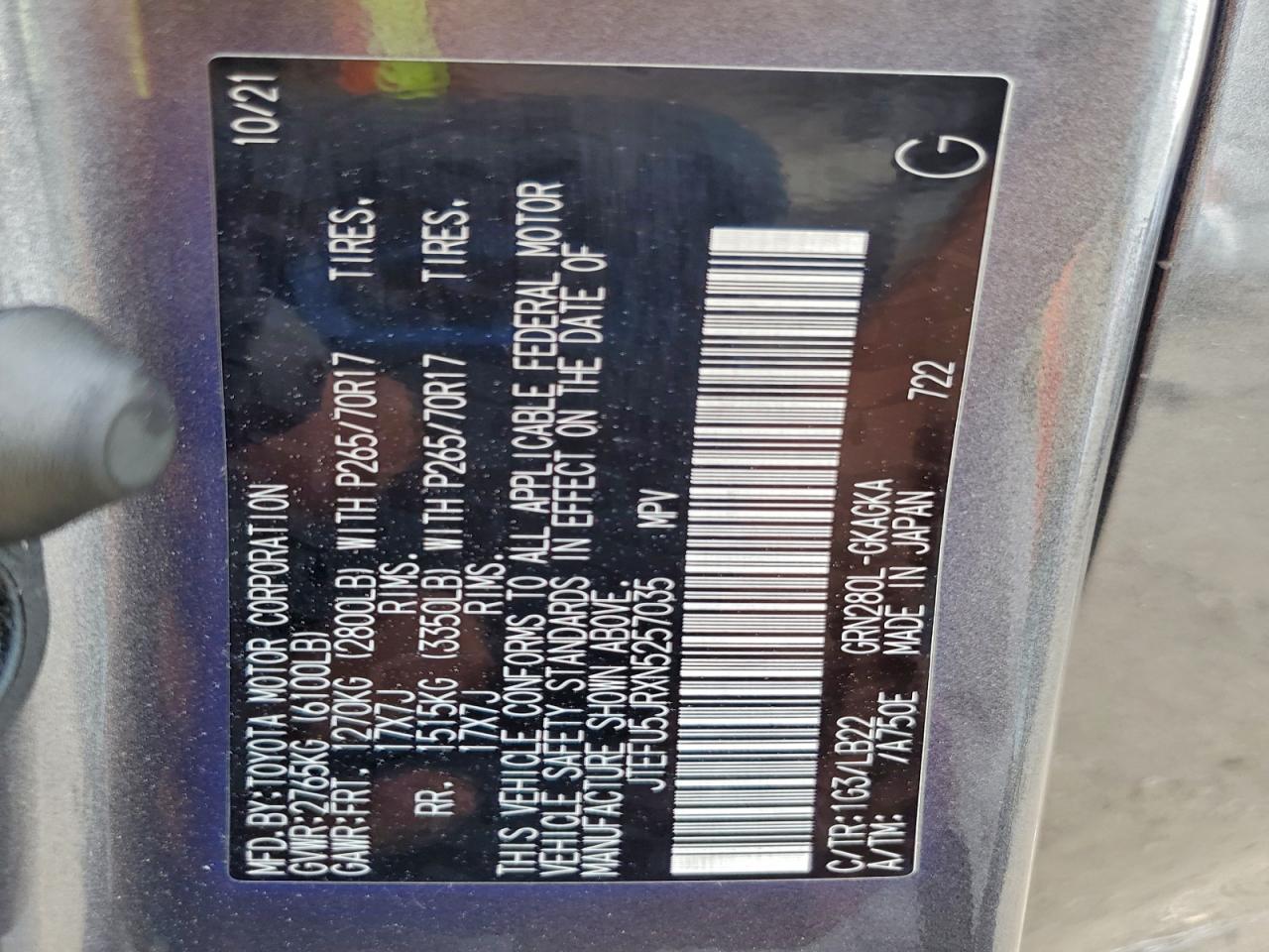 2022 Toyota 4Runner Sr5 VIN: JTEFU5JRXN5257035 Lot: 91884985