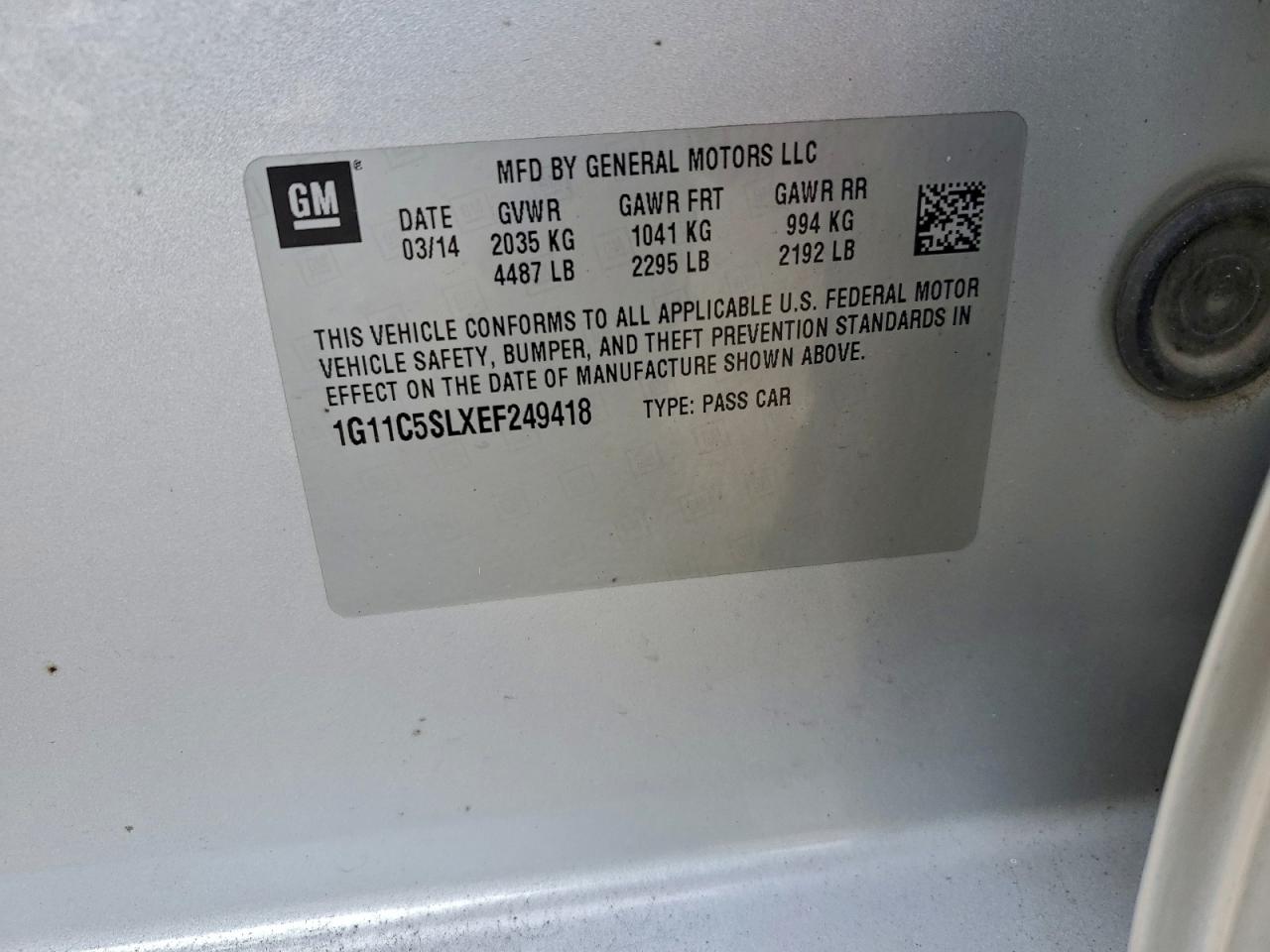 2014 Chevrolet Malibu 1Lt VIN: 1G11C5SLXEF249418 Lot: 93852055