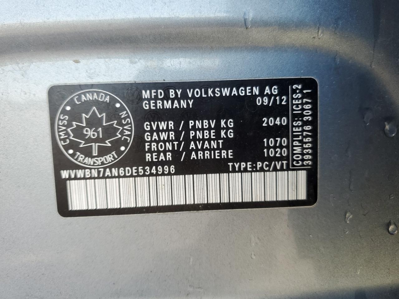 2013 Volkswagen Cc Sport VIN: WVWBN7AN6DE534996 Lot: 93405465