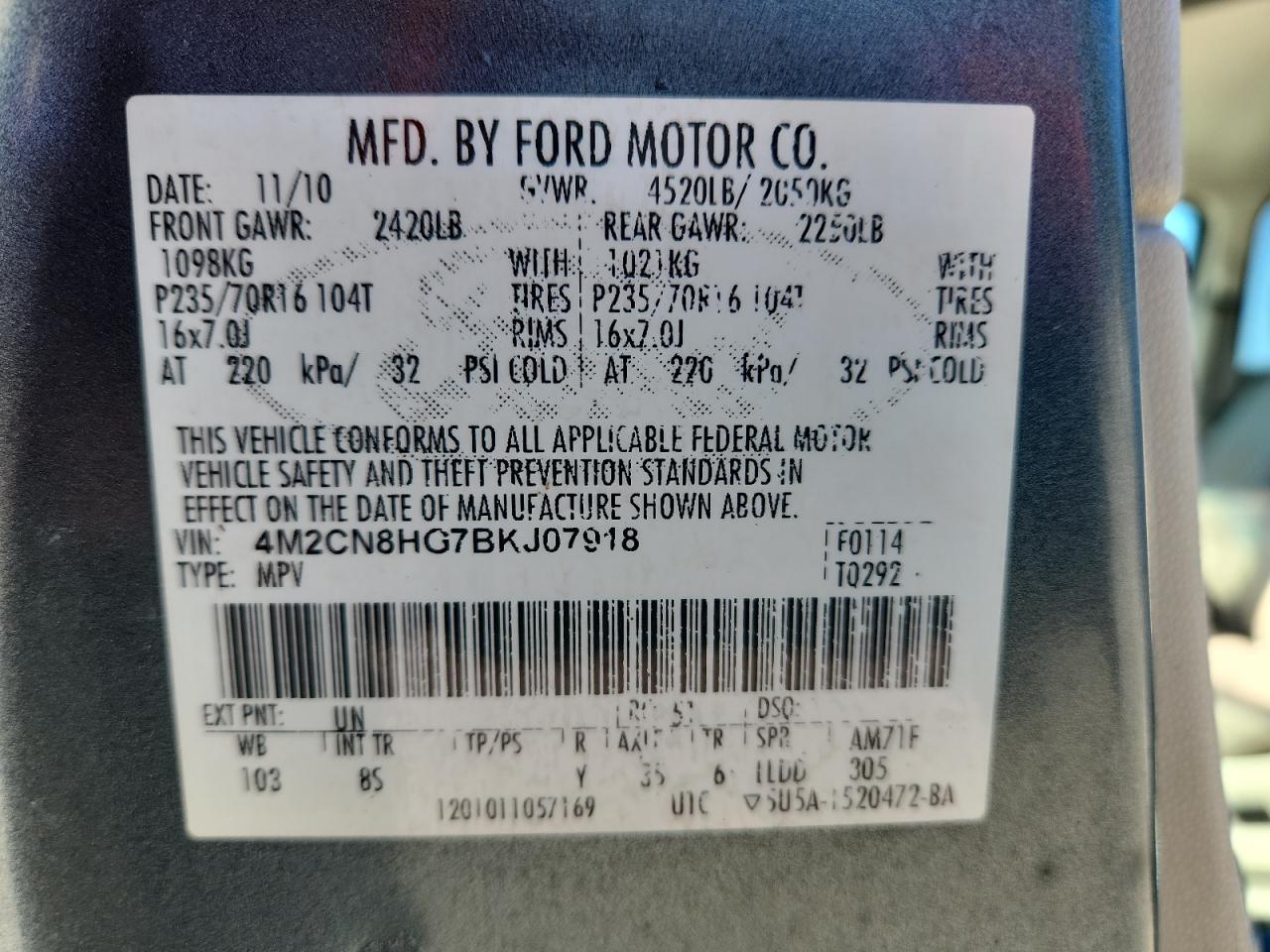 2011 Mercury Mariner Premier VIN: 4M2CN8HG7BKJ07918 Lot: 91251325