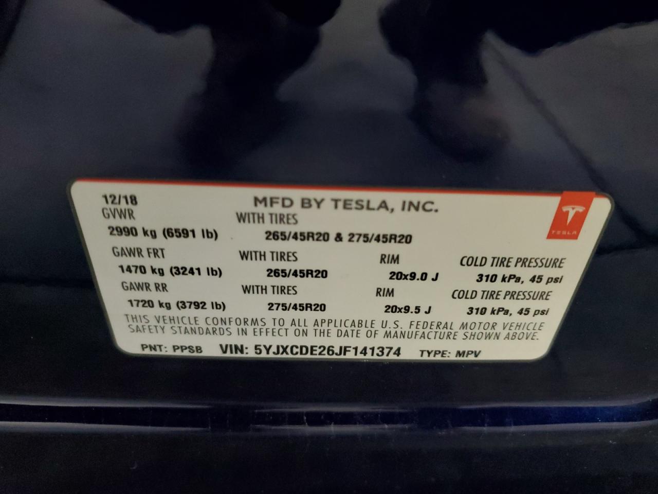 2018 Tesla Model X VIN: 5YJXCDE26JF141374 Lot: 92744815