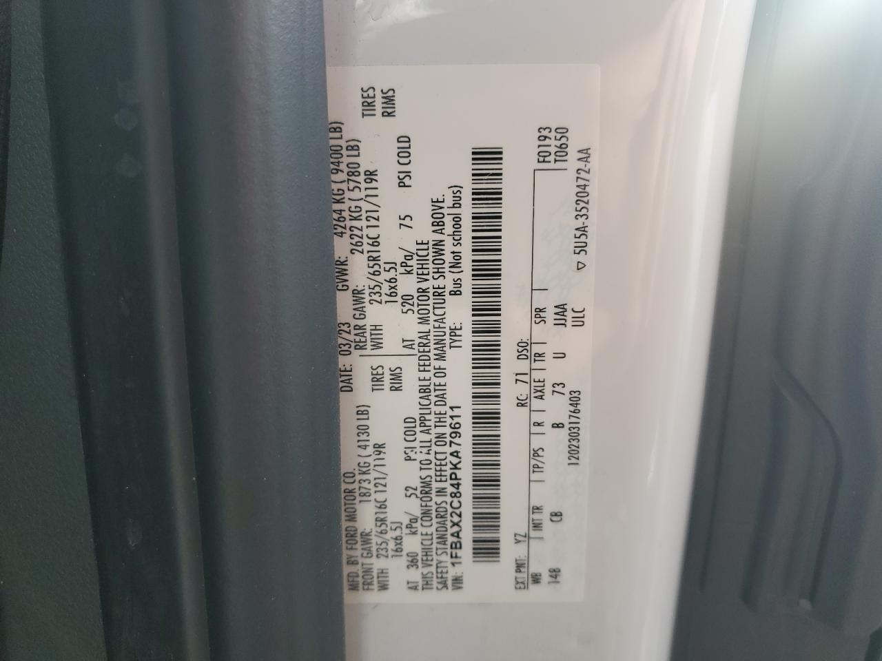 2023 Ford Transit T-350 VIN: 1FBAX2C84PKA79611 Lot: 92074225