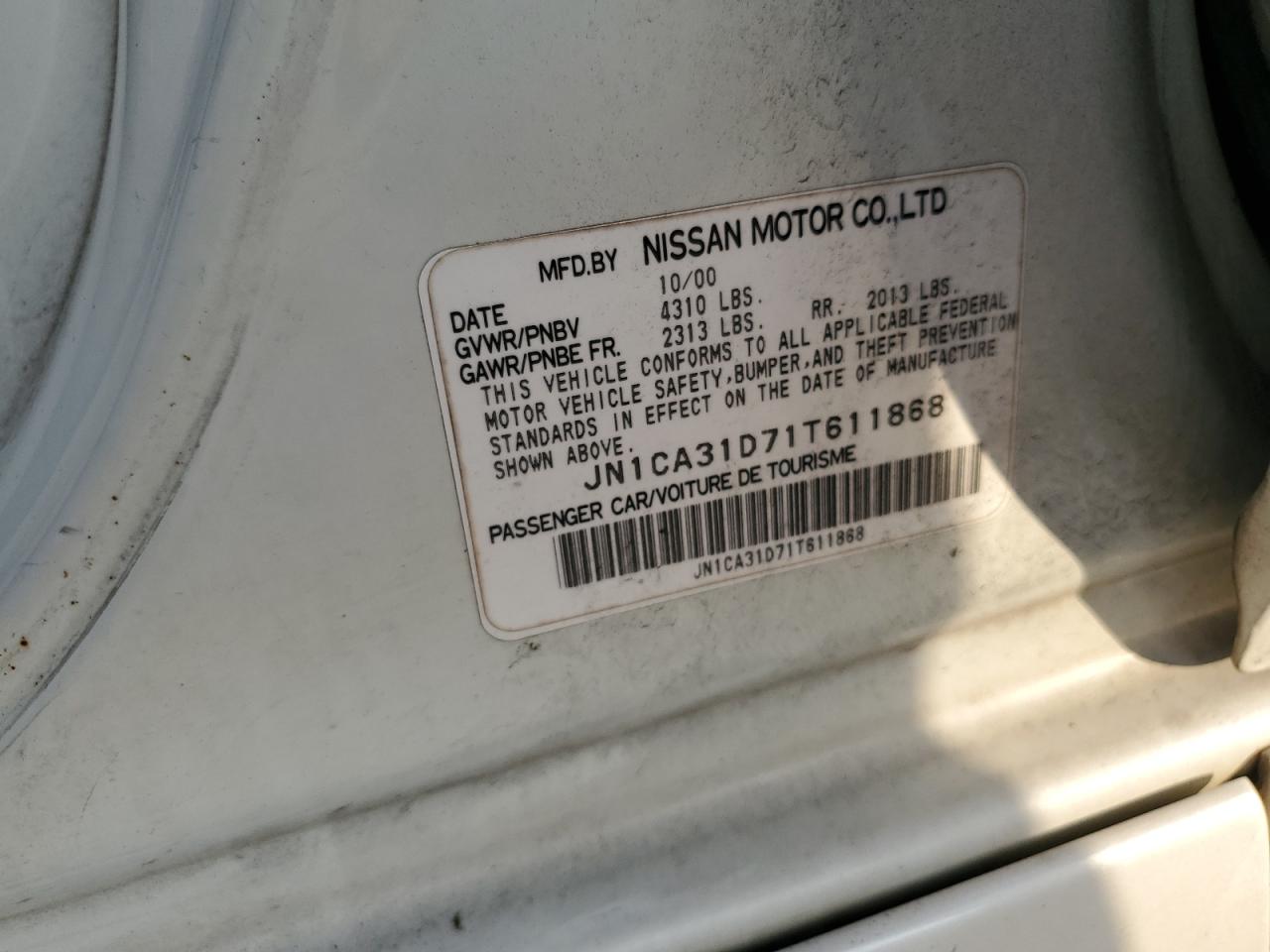 2001 Nissan Maxima Gxe VIN: JN1CA31D71T611868 Lot: 93442775