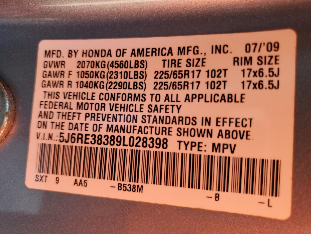 2009 Honda Cr-V Lx VIN: 5J6RE38389L028398 Lot: 91854765