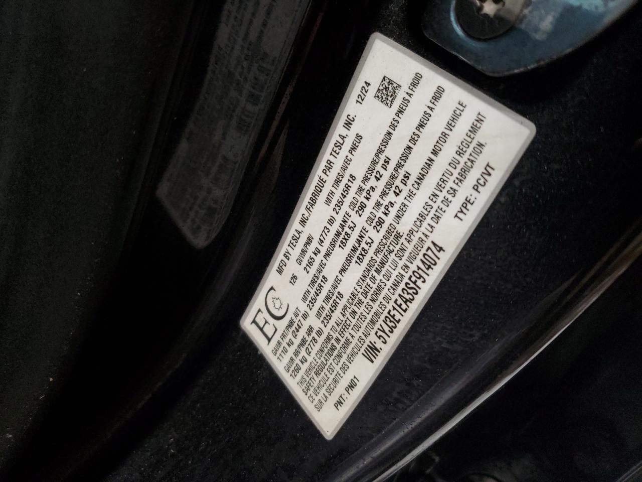 2025 Tesla Model 3 VIN: 5YJ3E1EA3SF914074 Lot: 92202755