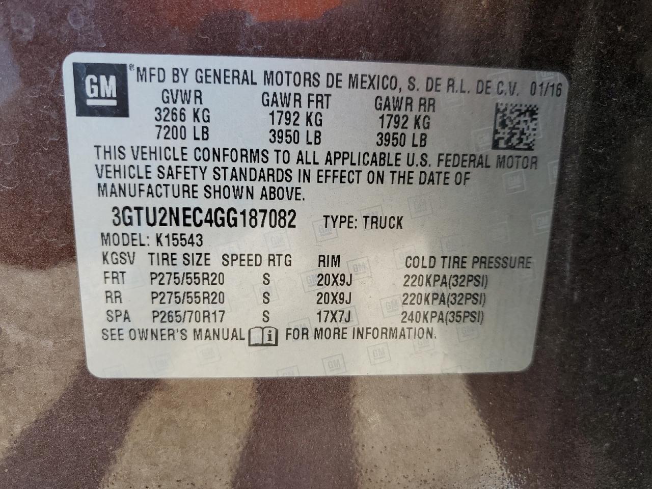2016 GMC Sierra K1500 Slt VIN: 3GTU2NEC4GG187082 Lot: 92188085