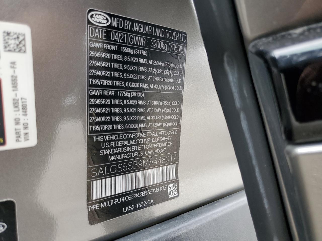 2021 Land Rover Range Rover Westminster Edition VIN: SALGS5SE9MA448017 Lot: 93774175