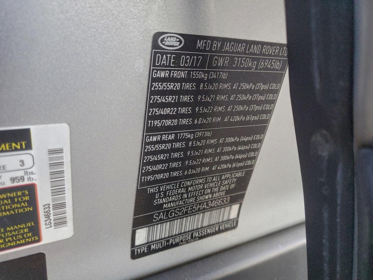 2017 Land Rover Range Rover Supercharged VIN: SALGS2FE5HA346633 Lot: 92746255