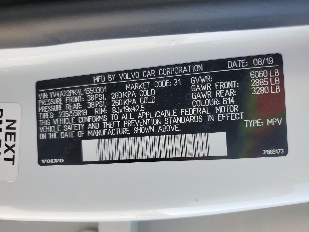 2020 Volvo Xc90 T6 Momentum VIN: YV4A22PK4L1550301 Lot: 92371535