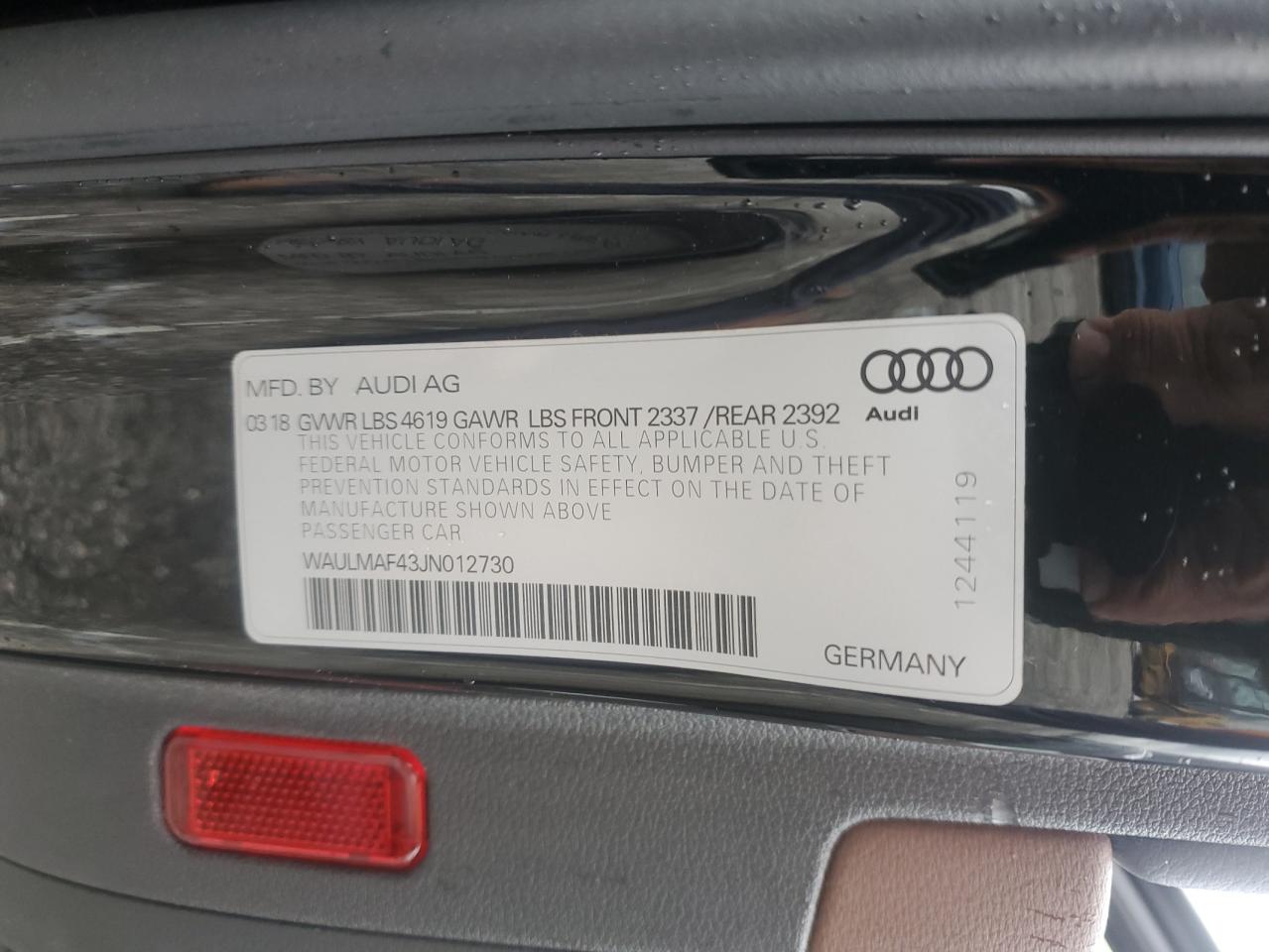 2018 Audi A4 Premium Plus VIN: WAULMAF43JN012730 Lot: 93080795