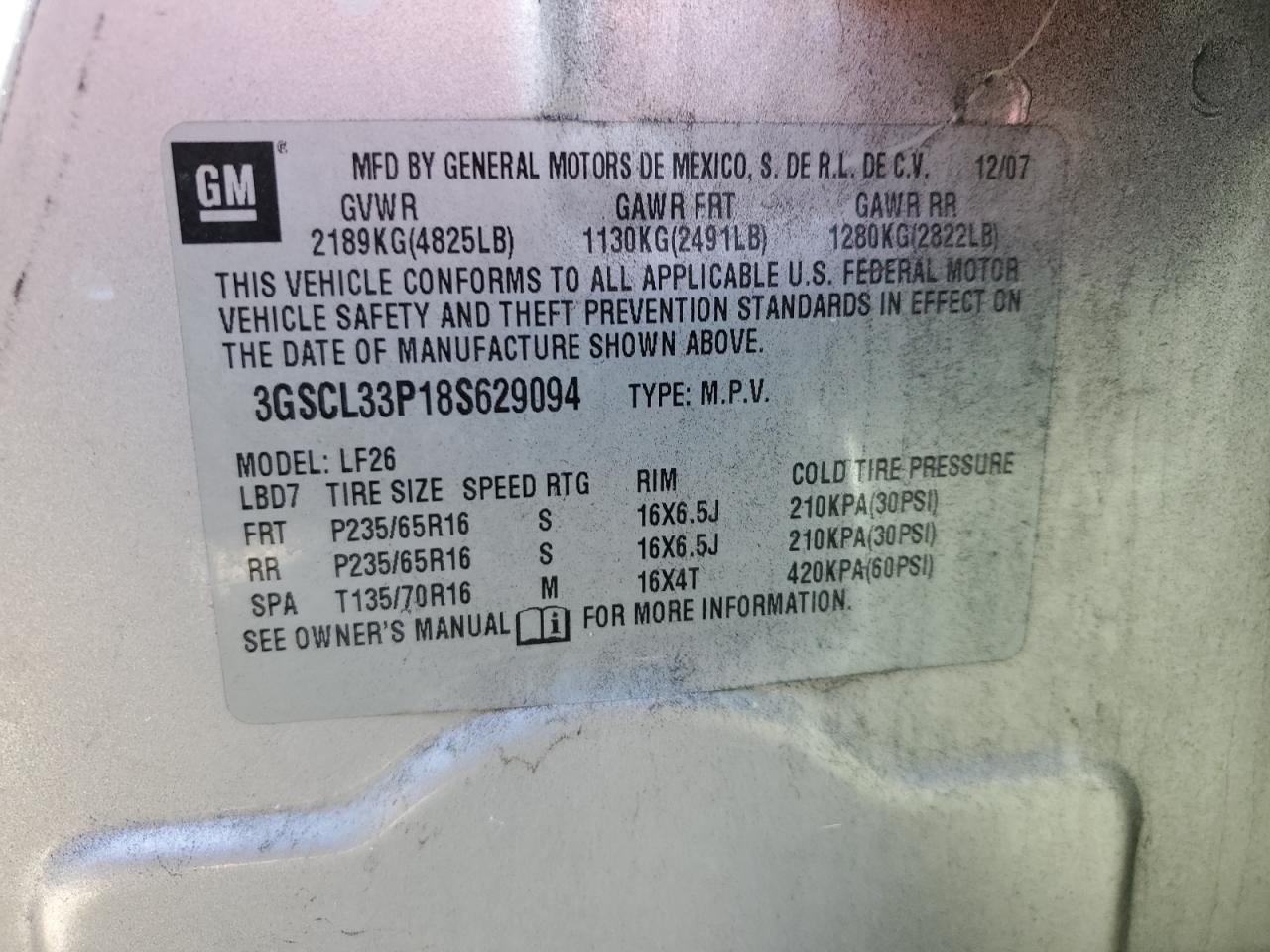 2008 Saturn Vue Xe VIN: 3GSCL33P18S629094 Lot: 91981115