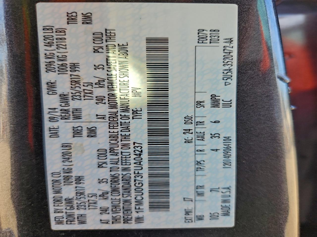 2015 Ford Escape Se VIN: 1FMCU0G73FUA04237 Lot: 93821725