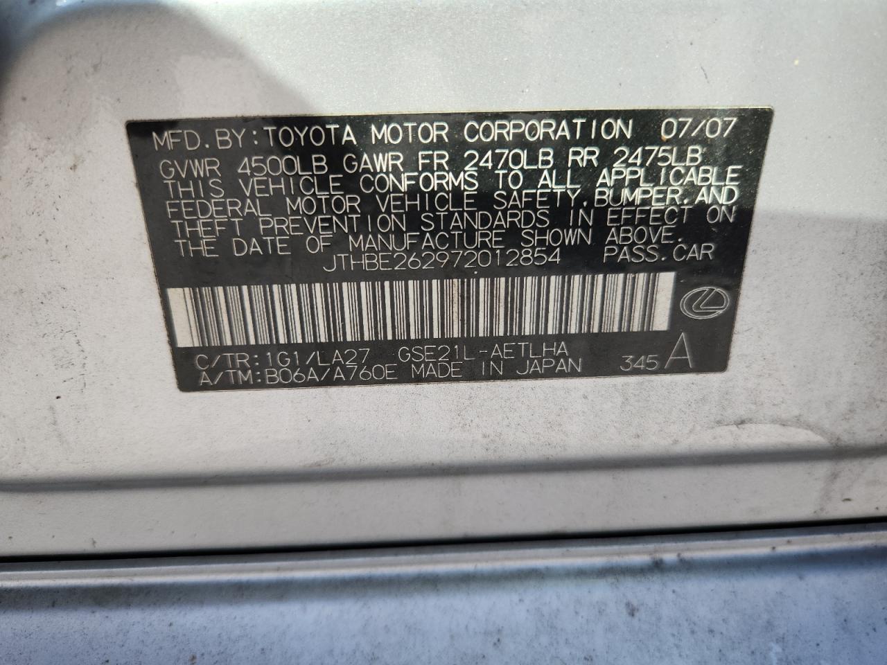 2007 Lexus Is 350 VIN: JTHBE262972012854 Lot: 92542765