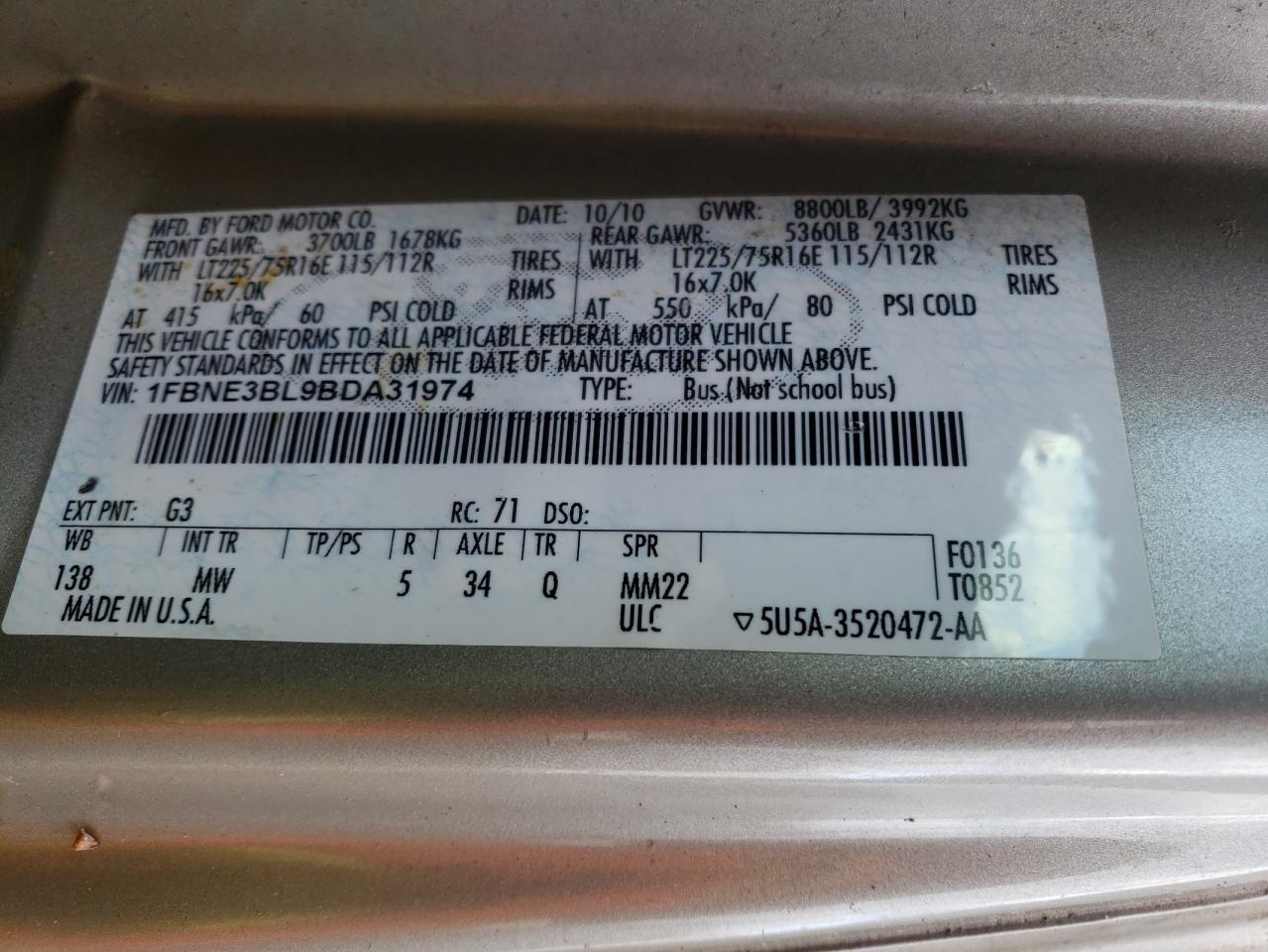 2011 Ford Econoline E350 Super Duty Wagon VIN: 1FBNE3BL9BDA31974 Lot: 93261945