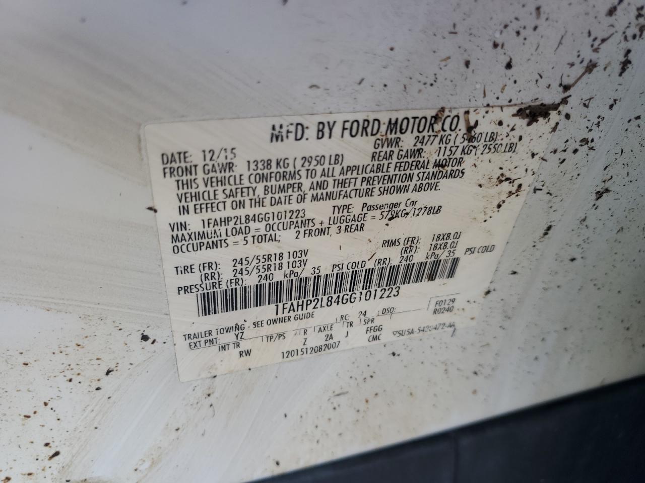 2016 Ford Taurus Police Interceptor VIN: 1FAHP2L84GG101223 Lot: 91075015