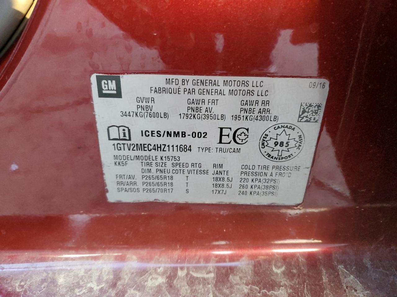 2017 GMC Sierra K1500 Sle VIN: 1GTV2MEC4HZ111684 Lot: 92501875