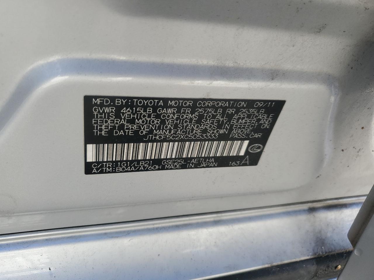 2012 Lexus Is 250 VIN: JTHCF5C2XC5053333 Lot: 91356185