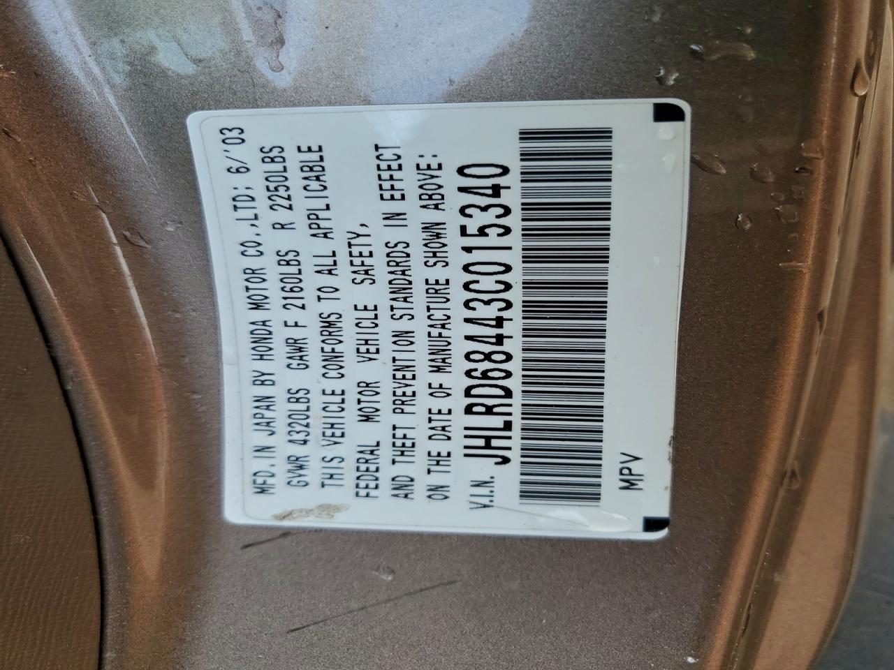 2003 Honda Cr-V Lx VIN: JHLRD68443C015340 Lot: 93637385