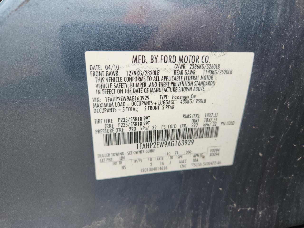 2010 Ford Taurus Sel VIN: 1FAHP2EW9AG163929 Lot: 91230835